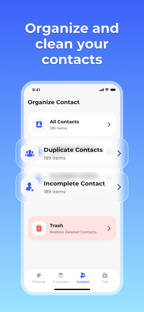 Interface showing contact organization features including duplicate and incomplete contact management