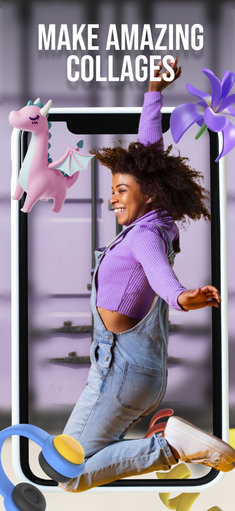 Magic Art - Augmented Reality - A woman jumping inside a smartphone screen with 3D AR elements like a dragon and flower illustrating the collage feature.