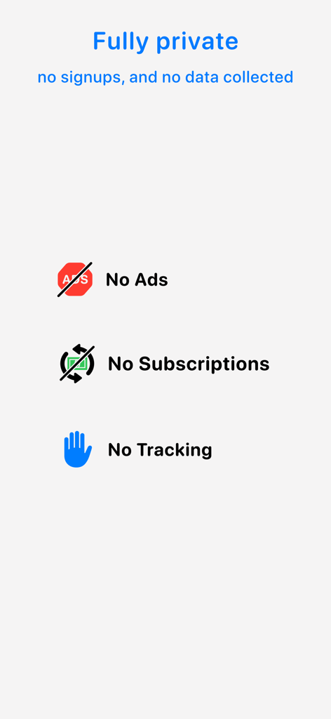 Privacy screen of the Comparator app highlighting no ads, no subscriptions, and no tracking.