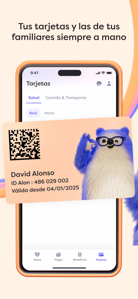 Digital health insurance card interface in the Alan España app displaying QR code and member information