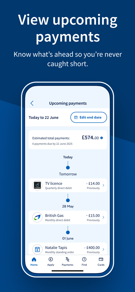 Halifax Mobile Banking - Interfaz de la aplicación Halifax Mobile Banking que muestra una línea de tiempo y una lista de próximos pagos programados como domiciliaciones bancarias y órdenes permanentes.