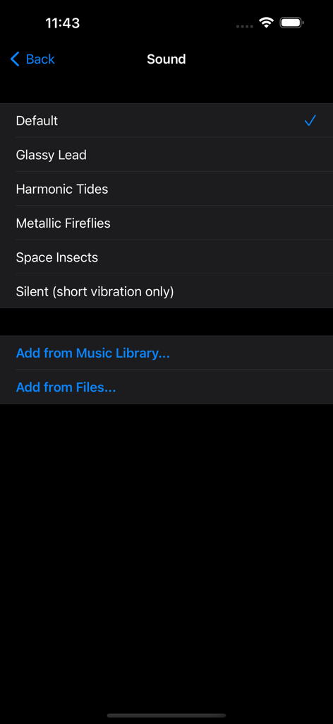 Interface of the Battery Charge Alarm app showing a list of alert sounds and options to import custom tracks from the music library