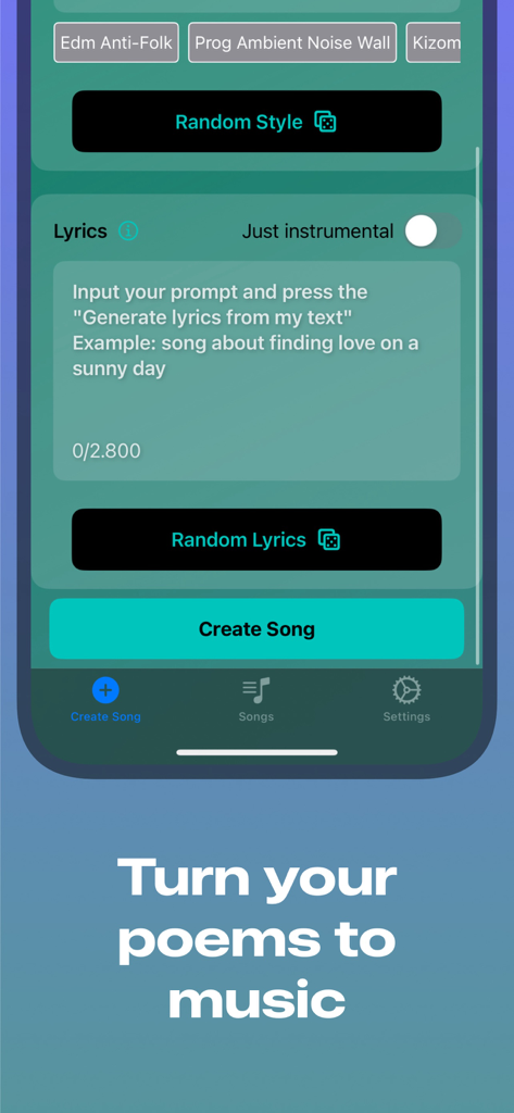 Interface de l'application AI Song montrant le champ de saisie des paroles et les boutons de sélection du style pour créer de la musique