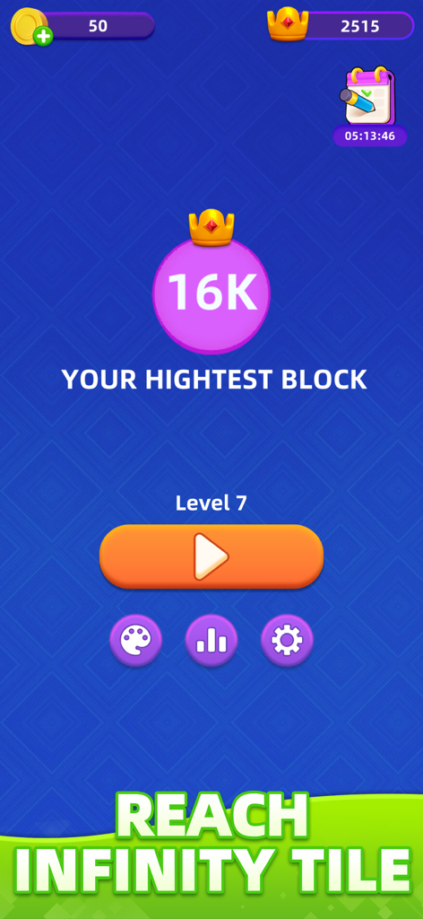 2248 Blast - Number Merge Game - Menu principale del gioco 2248 Blast che mostra un risultato di blocco più alto da 16K e un pulsante di gioco di livello 7