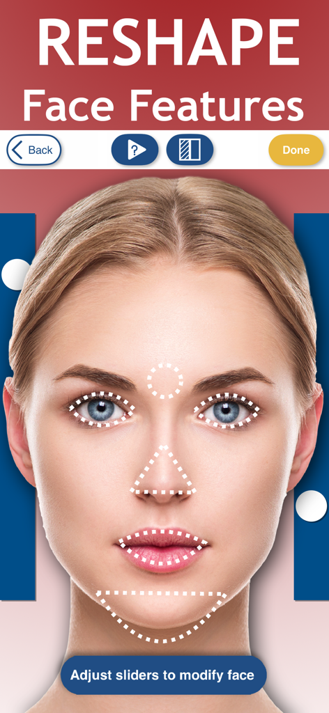 Perfect Face Photo Editor - Interface of a face photo editor showing dotted markers over facial features to adjust and reshape them