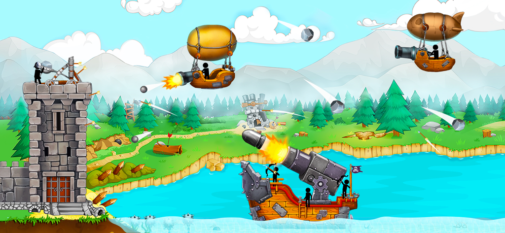 The Catapult: stick man game - Stickman defending a stone castle using a catapult against pirate ships and airships