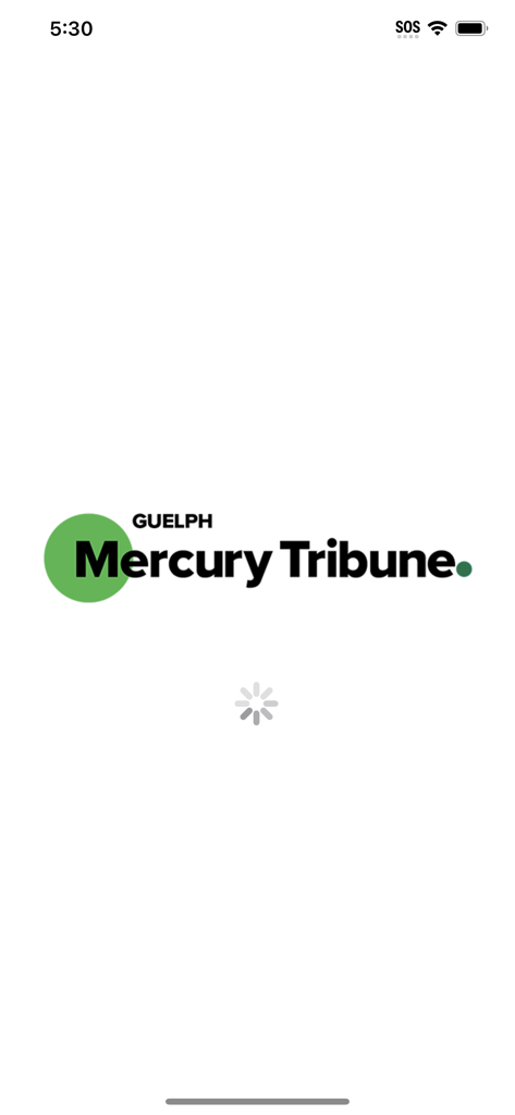 Guelph Mercury Tribune mobile app splash screen featuring the company logo and a loading icon.