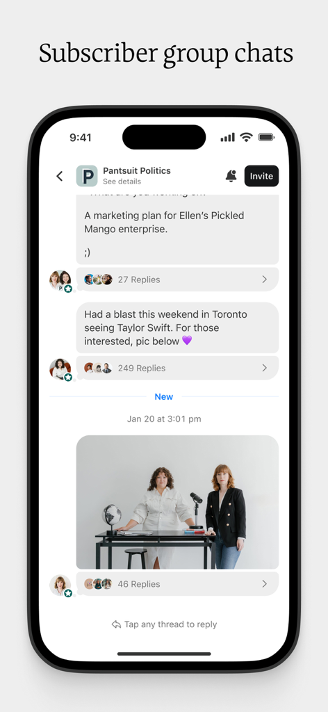 A mobile screenshot of the Substack app showing a subscriber group chat for a news publication with messages and images