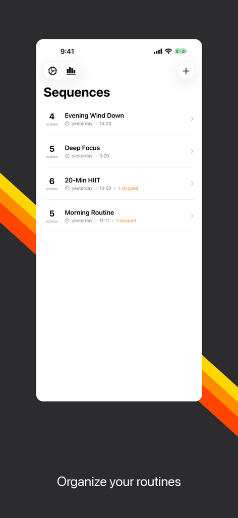 Sequence - Timer & Routines - Panel principal de la aplicación Sequence que muestra una lista de rutinas organizadas como Concentración Profunda e HIIT.