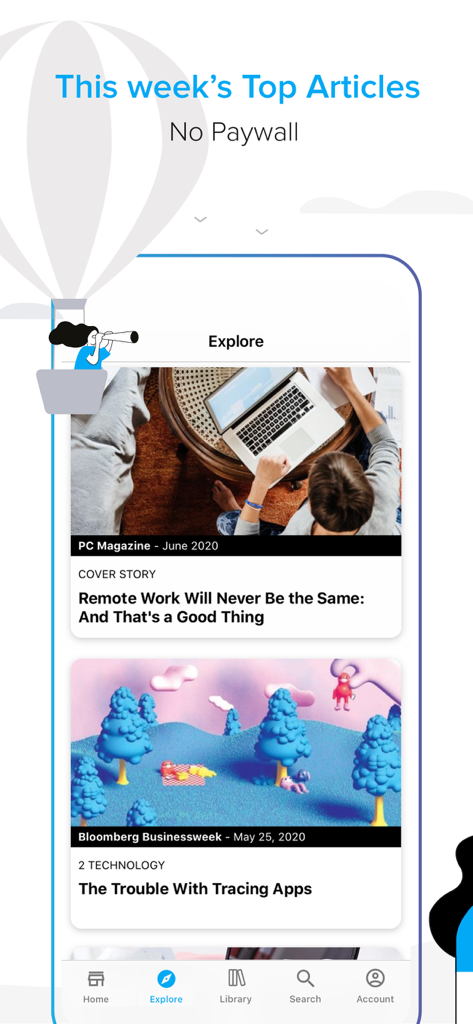 ZINIO - Magazine Newsstand - ZINIOアプリのエクスプロアセクション。さまざまなマガジンブランドの無料トップ記事が特集されています。
