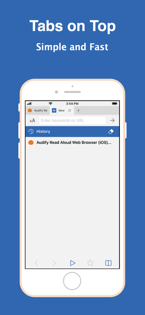 Audify read aloud web browser - Audify 소리 내어 읽기 웹 브라우저 인터페이스, 상단에 탭 표시