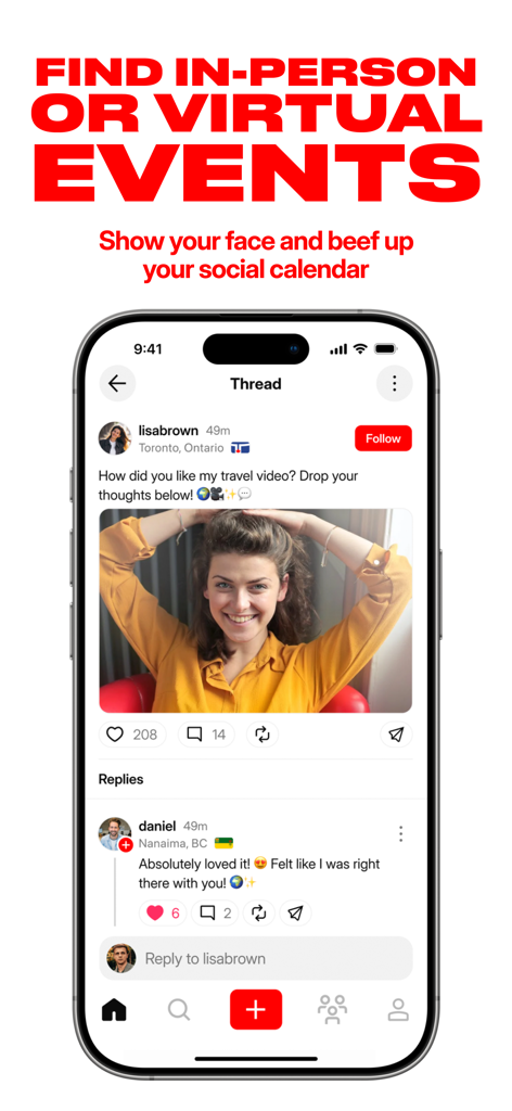 EH! - Canada's Social Network - Pantalla móvil de la aplicación social EH! de Canadá mostrando descubrimiento de eventos y hilos de usuario.