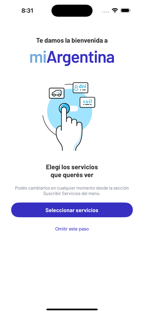 Schermata di benvenuto dell'app Mi Argentina che consente agli utenti di selezionare i propri servizi governativi digitali