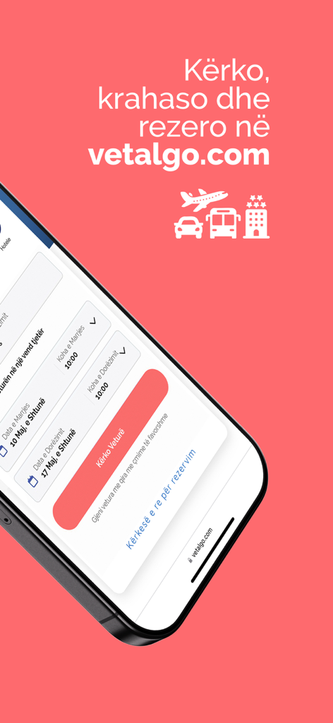 Vetalgo: Vetura Bileta Hotele - Un smartphone mostrando la interfaz de reserva de la aplicación Vetalgo para coches y hoteles con fondo rojo e iconos de viaje