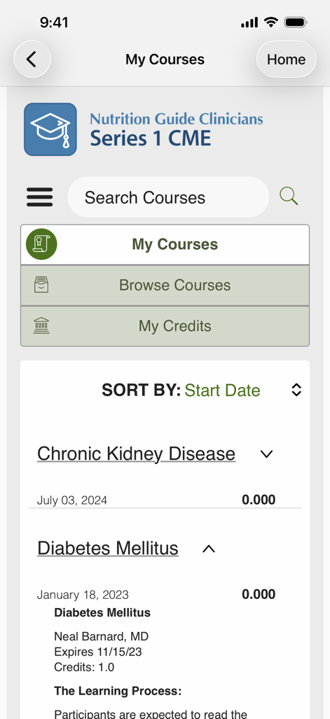 PCRM's Nutrition Guide - Screenshot of the PCRM Nutrition Guide app showing continuing medical education courses for clinicians
