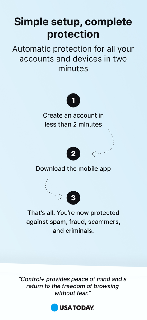 Control+ Security & Protection - Un guide en trois étapes montrant comment configurer l'application de sécurité Control plus en moins de deux minutes pour une protection automatique.
