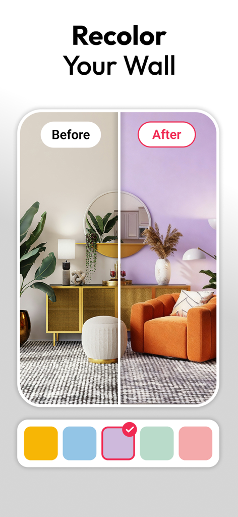 AI Interior Design - Interio - Comparação antes e depois de uma parede de sala de estar com a cor alterada de bege para roxo usando IA