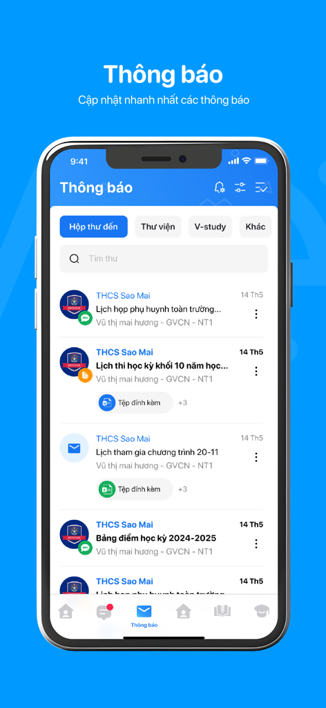 eNetViet Học sinh - Notification screen in the eNetViet student app showing school messages and academic updates