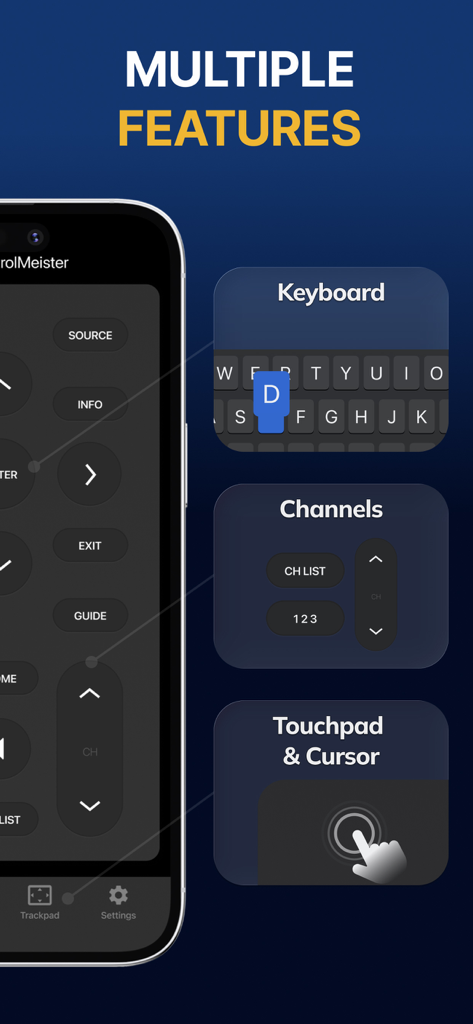 Interfaccia dell'app Samsung Smart TV Remote Plus che visualizza funzionalità di tastiera, controllo canali e touchpad