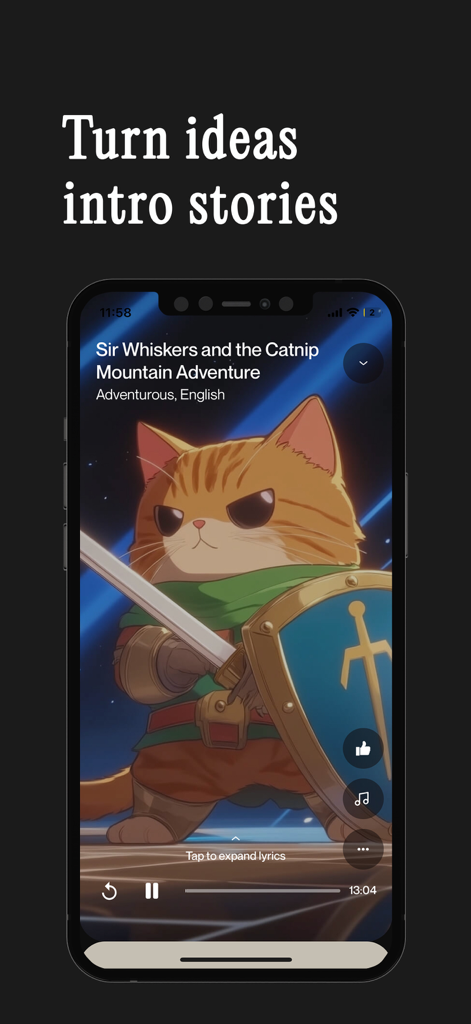 Interface do aplicativo Sleepytale mostrando uma história de dormir personalizada em áudio intitulada Sir Whiskers e a Aventura da Montanha de Catnip, com um cavaleiro gato ilustrado.