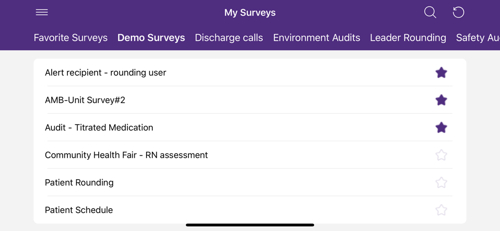 GetWell Rounds plus mobile app My Surveys screen showing a list of clinical surveys including patient rounding and quality audits.
