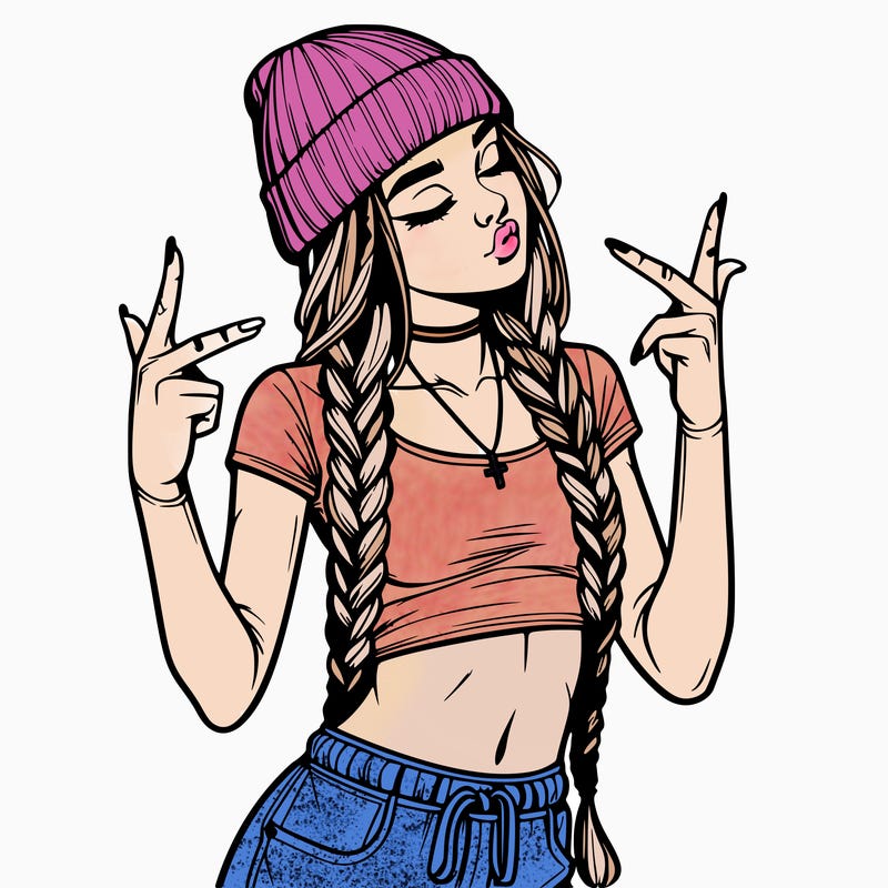 realistic teenage girl with braids and a beanie and crop top doing 🫶🏼