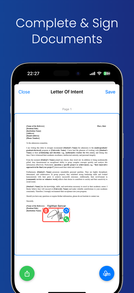PDFドキュメントに追加されたデジタル署名を示すスマートフォンスクリーン。