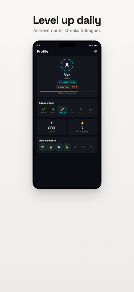 Glow Up App - AI Face Rating - Glow Up Appのユーザープロフィール画面、XP進捗、リーグランク、実績を表示