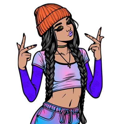 realistic teenage girl with braids and a beanie and crop top doing 🫶🏼