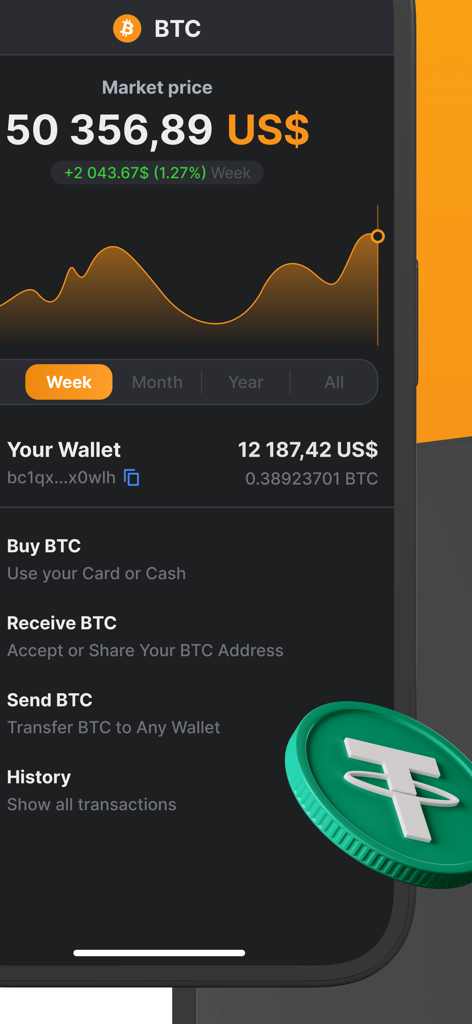 NC Wallet interface displaying Bitcoin market price chart and account balance