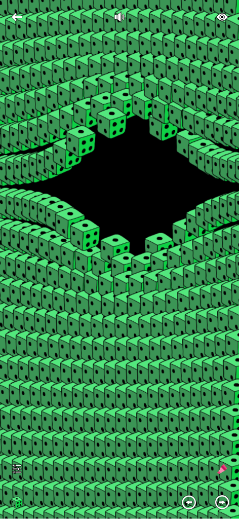 Relaxing Tangleアプリの、円形の開口部がある緑色のサイコログリッドパターン