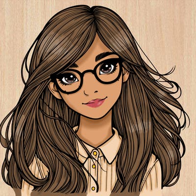 girl with long hair and freckles and glasses realistic