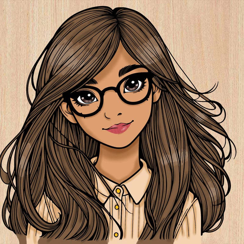 girl with long hair and freckles and glasses realistic