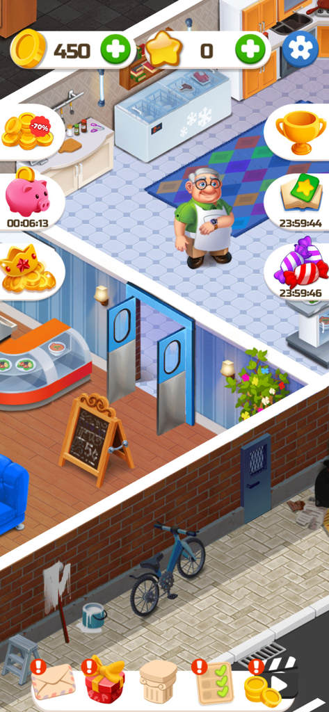 Word Sauce: Connect Puzzle! - Vue de dessus d'un intérieur de restaurant avec un personnage de chef et un décor de cuisine dans l'application Word Sauce