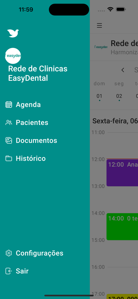 Menu de navegação lateral do aplicativo EasyDental Mobile com links para agenda, pacientes, documentos e histórico clínico.
