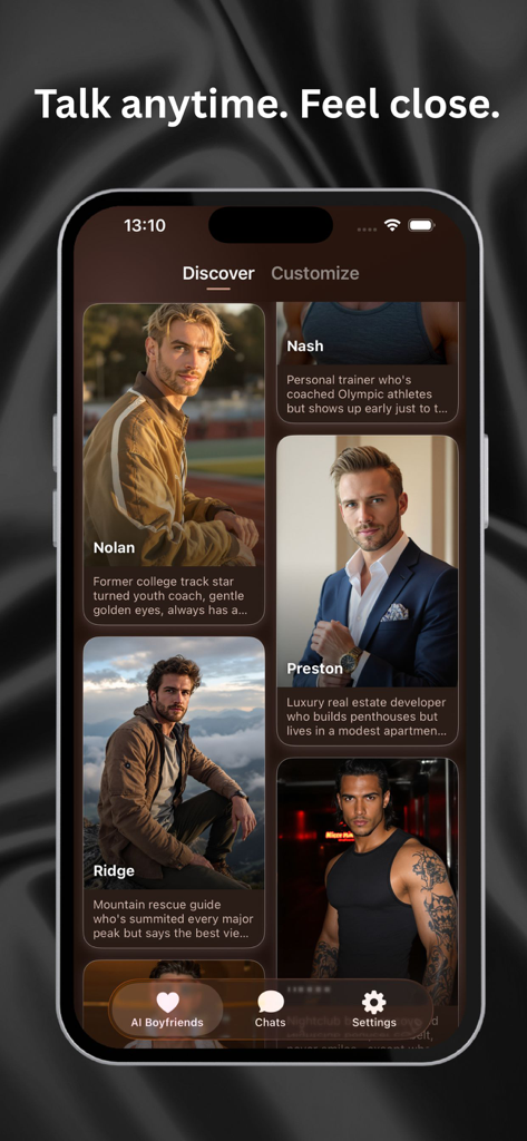 Virtual Boyfriend Chat - AI BF - Mobile app interface for choosing from different AI boyfriend characters with their photos and descriptions