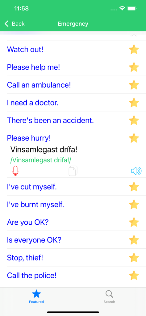 Una captura de pantalla de la categoría de frases de emergencia en la aplicación Learn Icelandic Premium que muestra traducciones de inglés a islandés para seguridad y viajes.