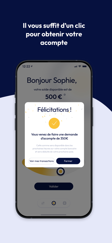 Interface de l'application Nesspay montrant une confirmation de demande d'avance de salaire réussie de 350 euros