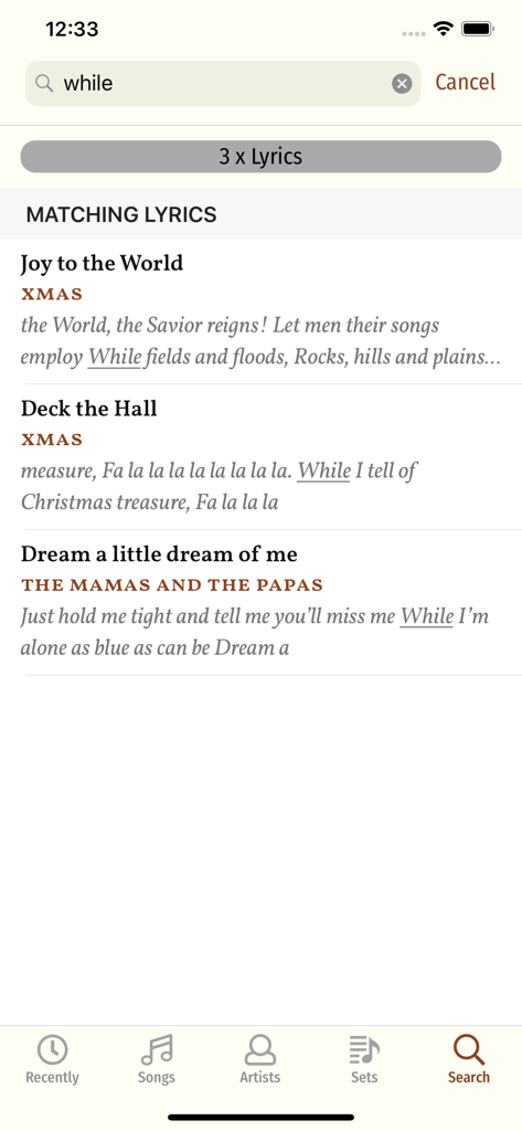 Song Book Pro - Song Book Pro app interface showing search results for matching lyrics