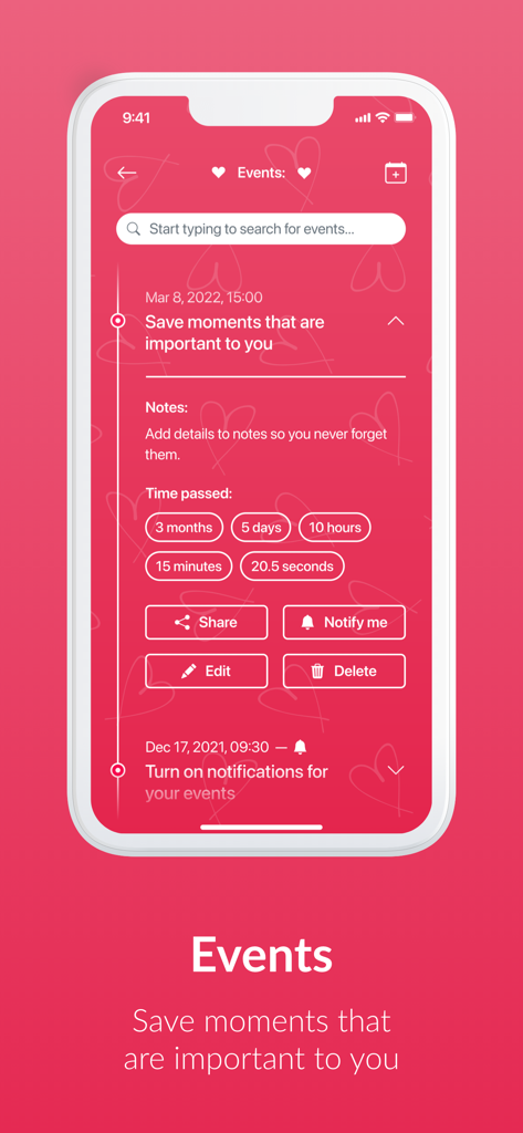Una pantalla móvil que muestra eventos y hitos de la relación en la aplicación Love Counter con seguimiento del tiempo transcurrido