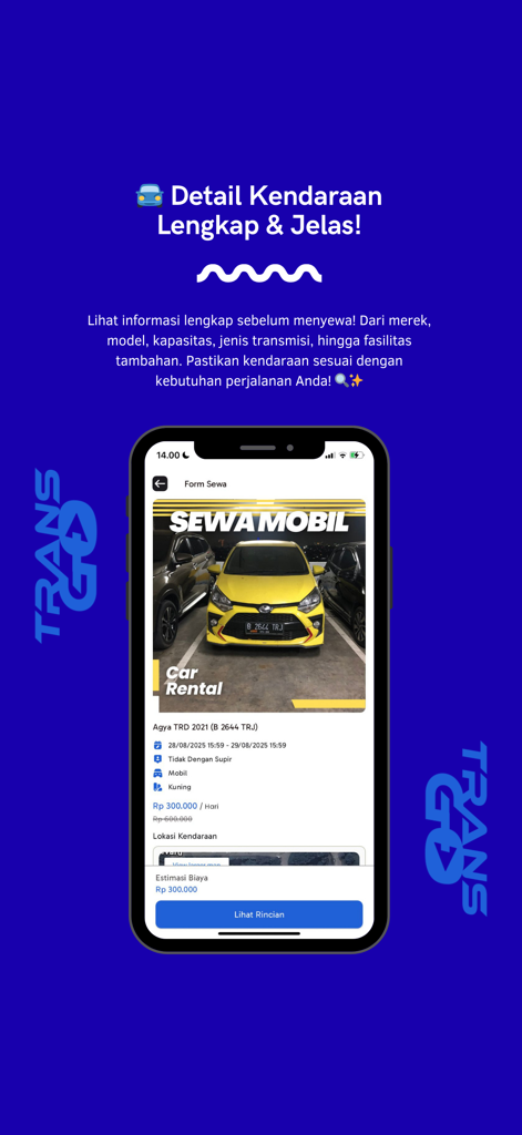 Transgo - Rental Mobil & Motor - A mobile app screen displaying complete car rental details including price and vehicle specifications