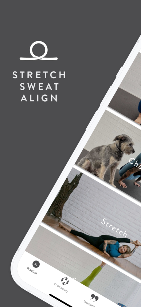 Stretch. Sweat. Align. - Stretch Sweat Align 요가 앱의 로고와 인터페이스. 수업 미리보기와 탐색 메뉴가 표시됩니다.