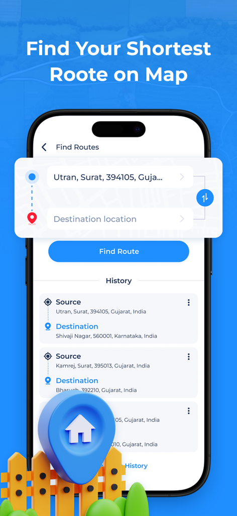 GPS Fields Area Measure App - Interface do app GPS Fields Area Measure mostrando o recurso de localizador de rotas com entradas de origem e destino e histórico de pesquisa