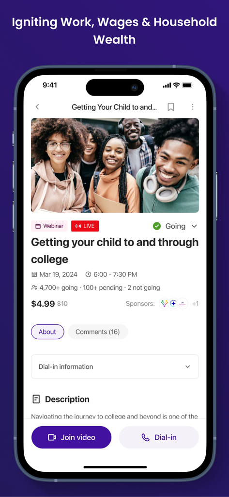 BigHeart App - BigHeart App interface showing a live webinar program about navigating college education