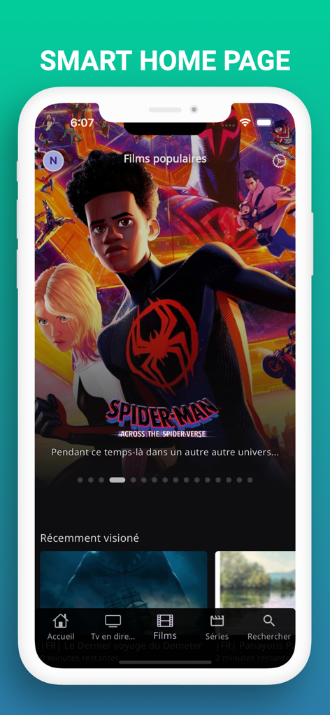 NexTv app smart home page featuring movies and navigation menu
