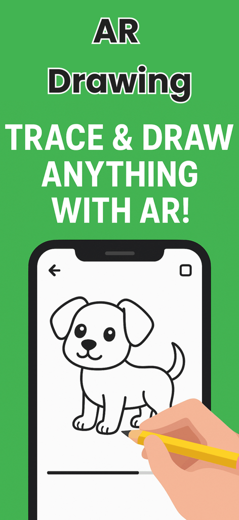 AR Drawing Sketch Trace Paint - A hand drawing a cute puppy on a smartphone screen using the AR Drawing Sketch Trace Paint app
