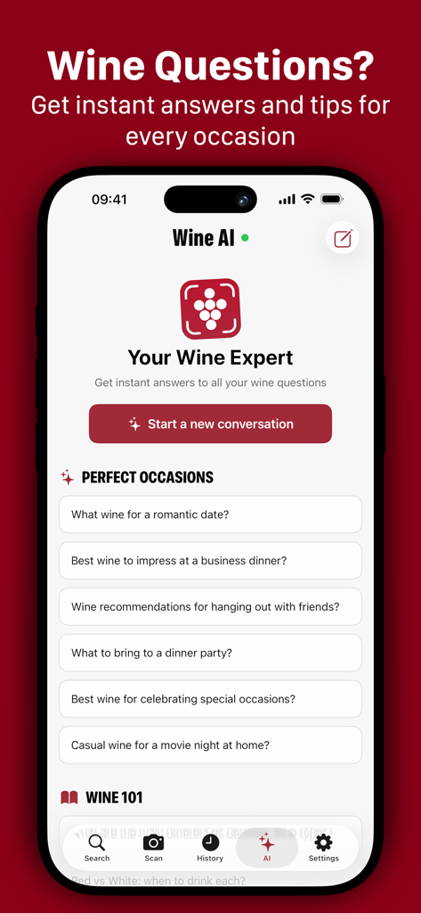 Wine AI app interface showing an AI expert assistant with personalized wine recommendations for different social occasions