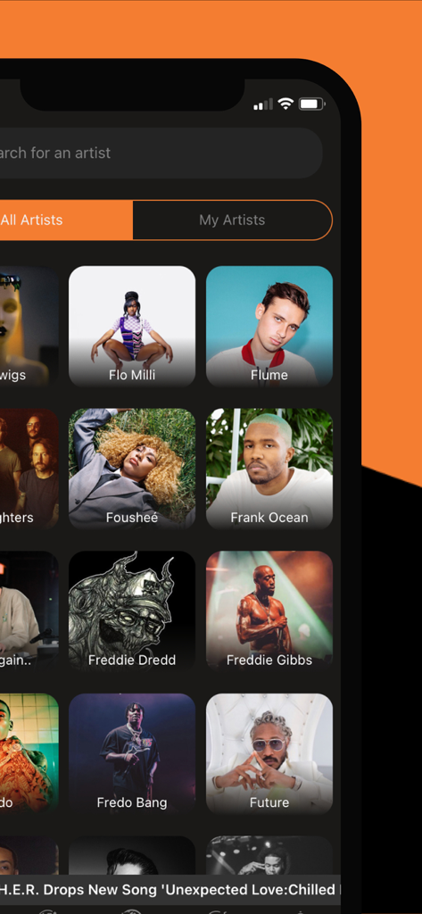 BEEPR app interface showing a grid of music artists to follow for real-time alerts