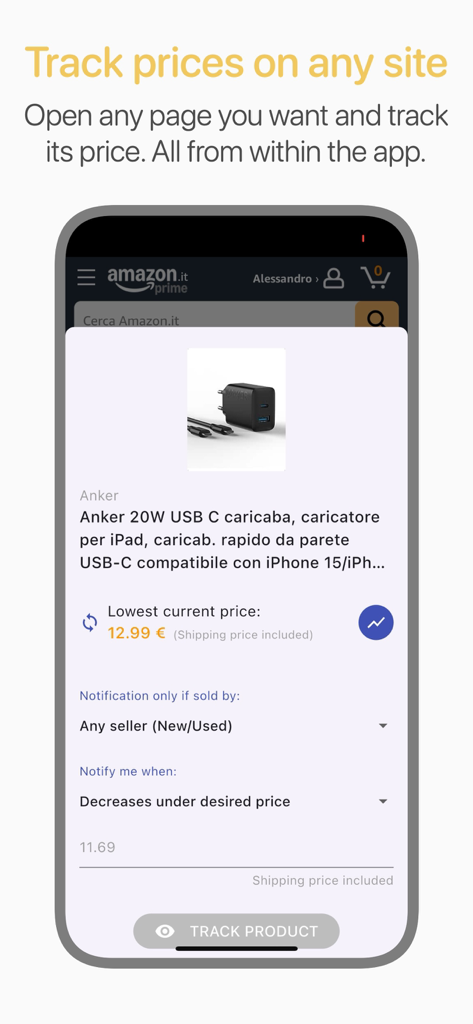 Price Tracker · Reprice - Mobile app interface of Price Tracker Reprice showing a product being tracked for price drops on an Amazon page.