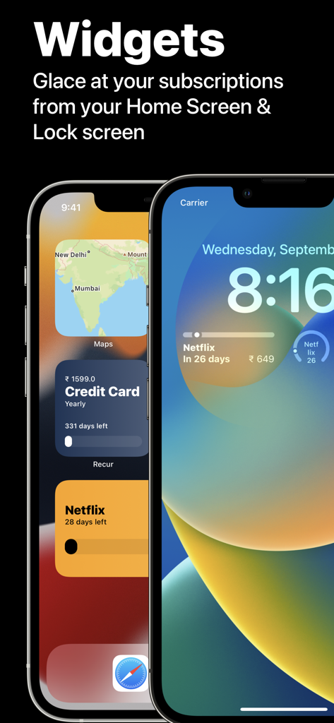 Subscription Manager - Recur - iPhone home screen and lock screen widgets for tracking subscription payments and due dates